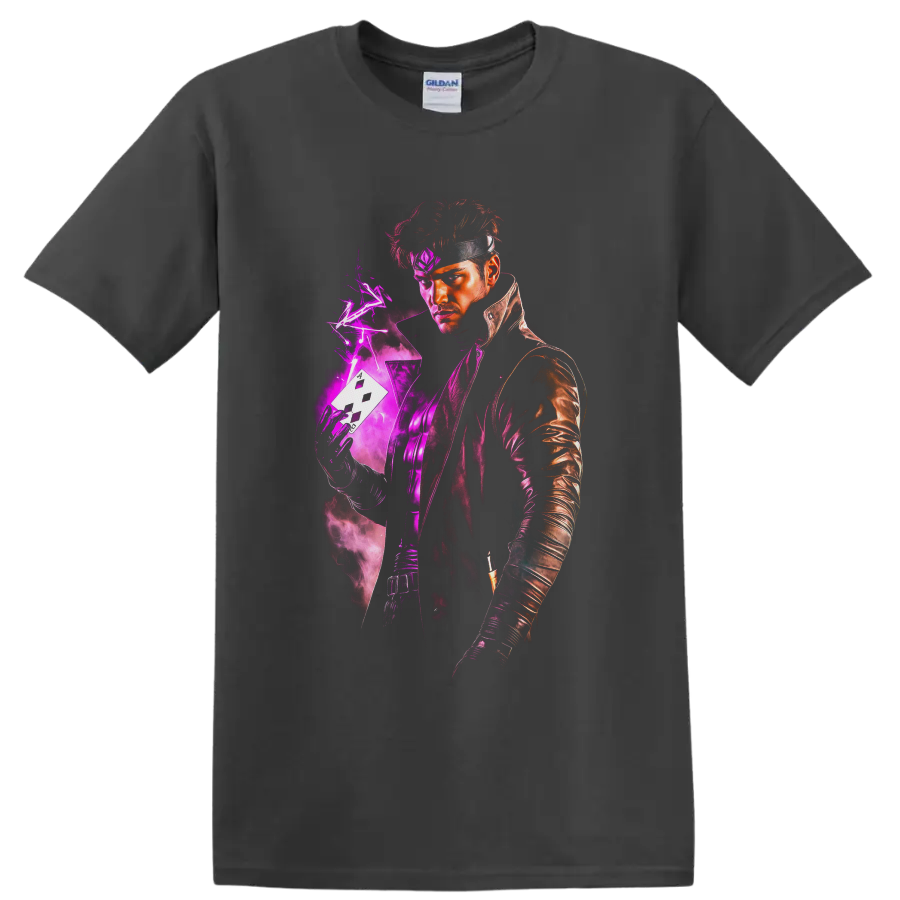 Gambit portrait with charged playing card, purple lightning, and neon comic energy on a Charcoal T Shirt