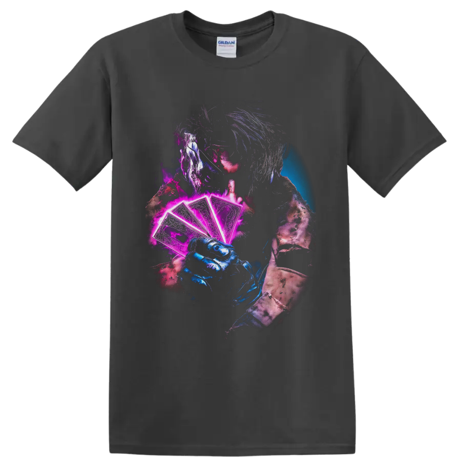 Gambit holding glowing neon playing cards in a gritty blue and magenta comic art style on a Charcoal T Shirt