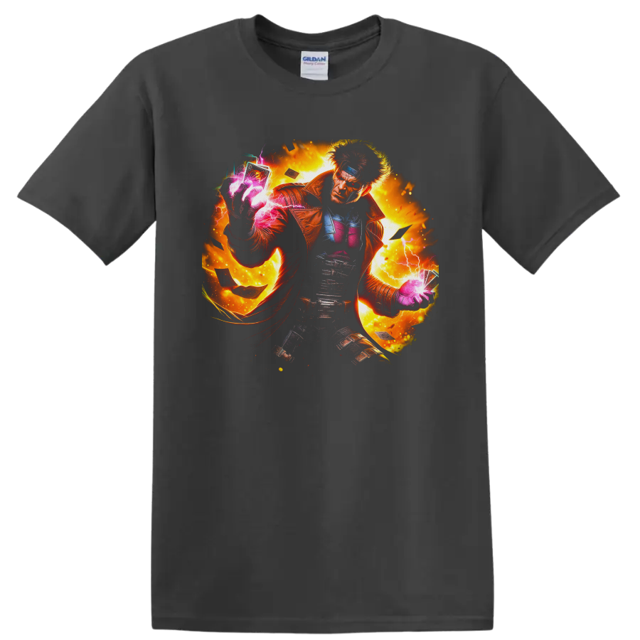 Gambit with glowing charged cards, lightning, and fiery comic-style action art on a Charcoal T Shirt