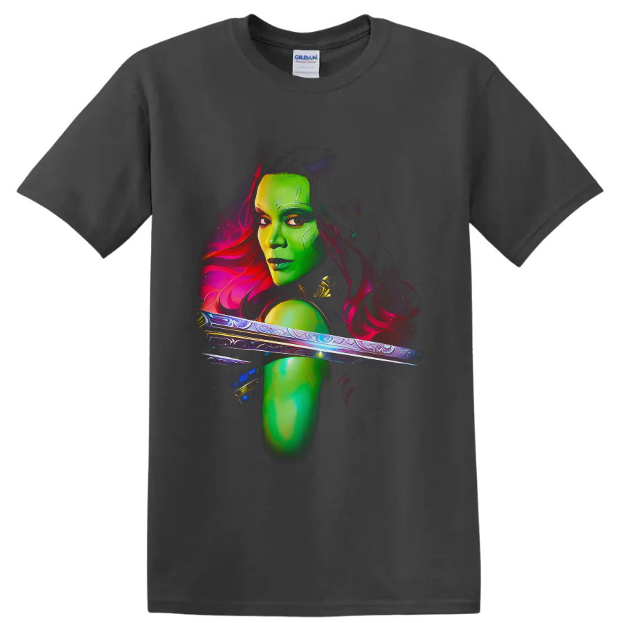 Gamora cosmic sword warrior portrait in vivid neon sci-fi digital art on a Charcoal T Shirt
