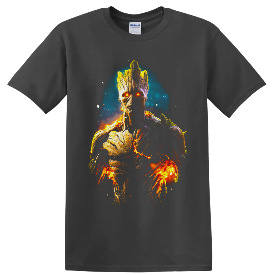 Fiery cosmic Groot portrait with glowing orange eyes, bark texture, sparks, and teal halo on a Charcoal T Shirt