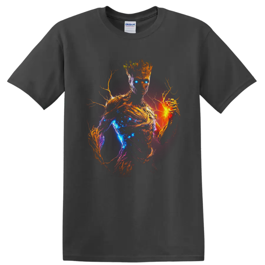 Groot cosmic neon portrait with glowing blue energy, fiery orange hand, and branching bark on a Charcoal T Shirt
