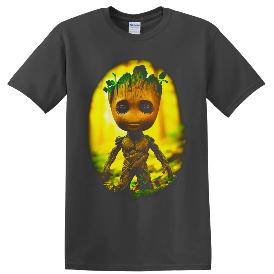 Baby Groot in a glowing forest with moss, vines, leaves, and detailed wood-grain texture on a Charcoal T Shirt