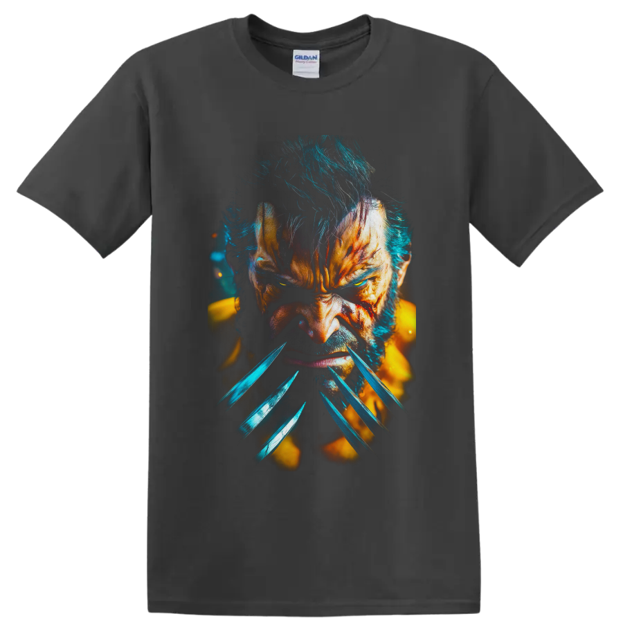 Wolverine Logan clawed close-up portrait in vivid teal and golden action art on a Charcoal T Shirt