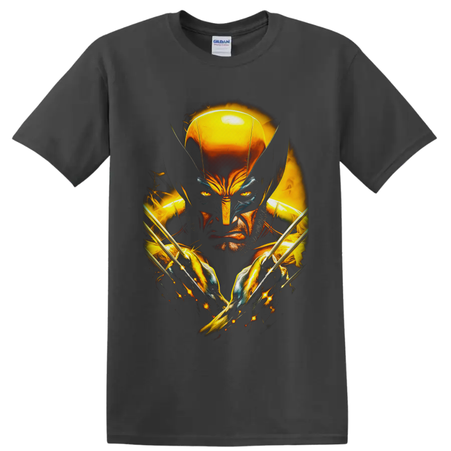 Wolverine Logan portrait with gold mask, crossed claws, sparks, and fiery superhero art on a Charcoal T Shirt