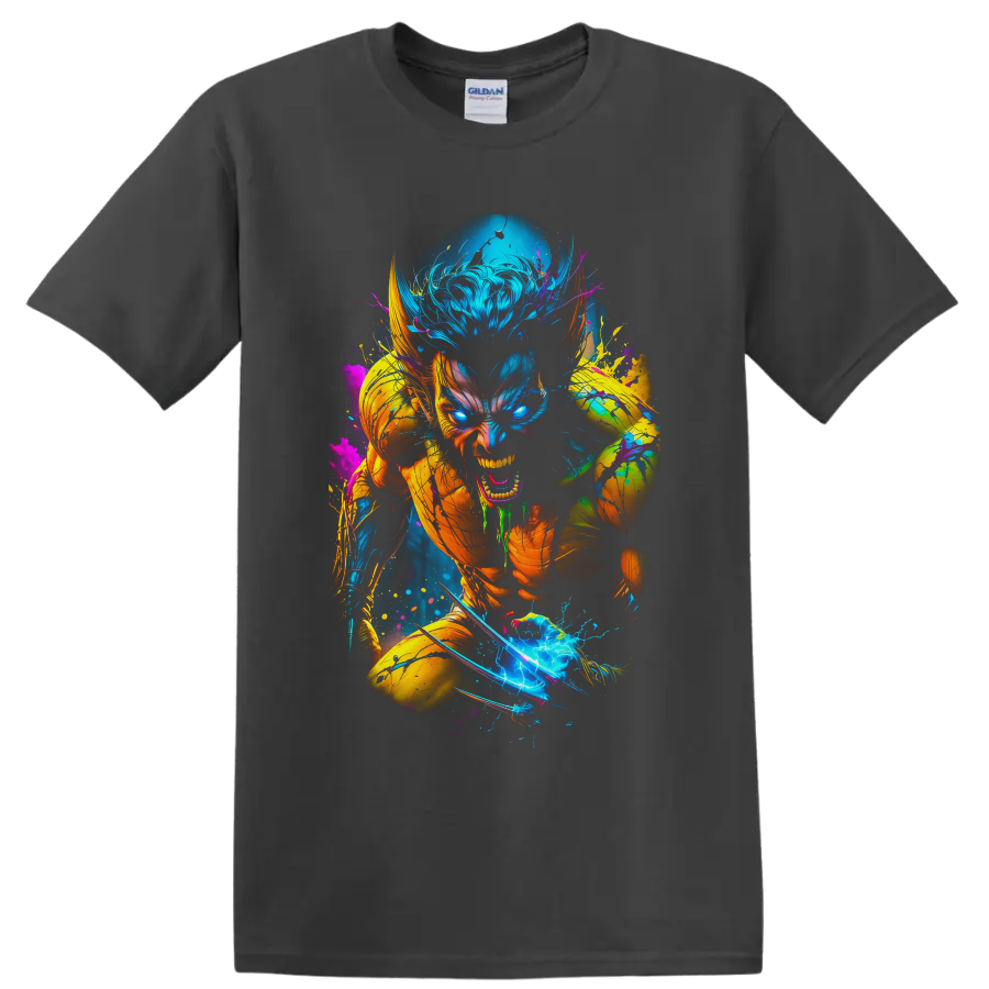 Wolverine neon comic action art with claws, glowing eyes, and electric paint splashes on a Charcoal T Shirt