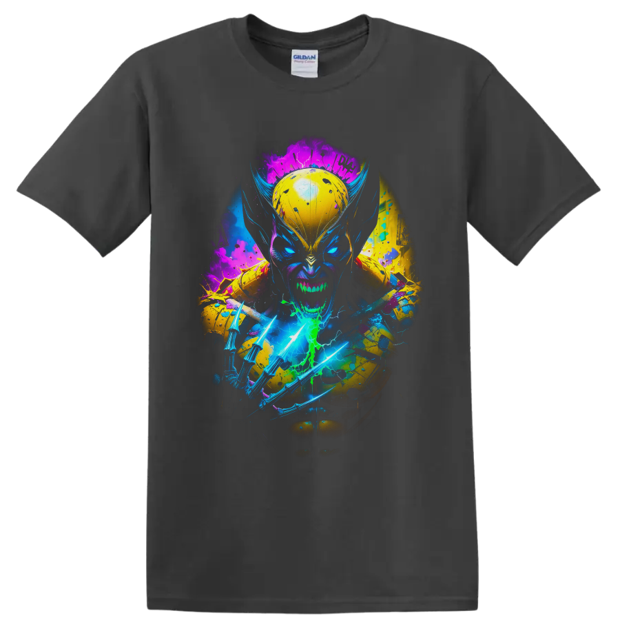 Wolverine neon comic portrait with glowing claws, lightning, and paint splatters on a Charcoal T Shirt
