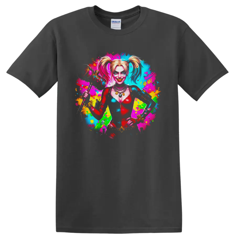 Harley Quinn neon pop art portrait with mallet, cards, and colorful paint splashes on a Charcoal T Shirt