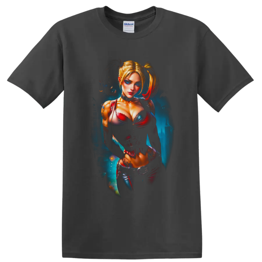 Harley Quinn portrait in red and blue corset art with blonde pigtails on a Charcoal T Shirt