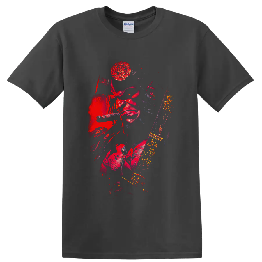 Hellboy red demon with revolver, sword, stone hand, and distressed gothic comic art on a Charcoal T Shirt