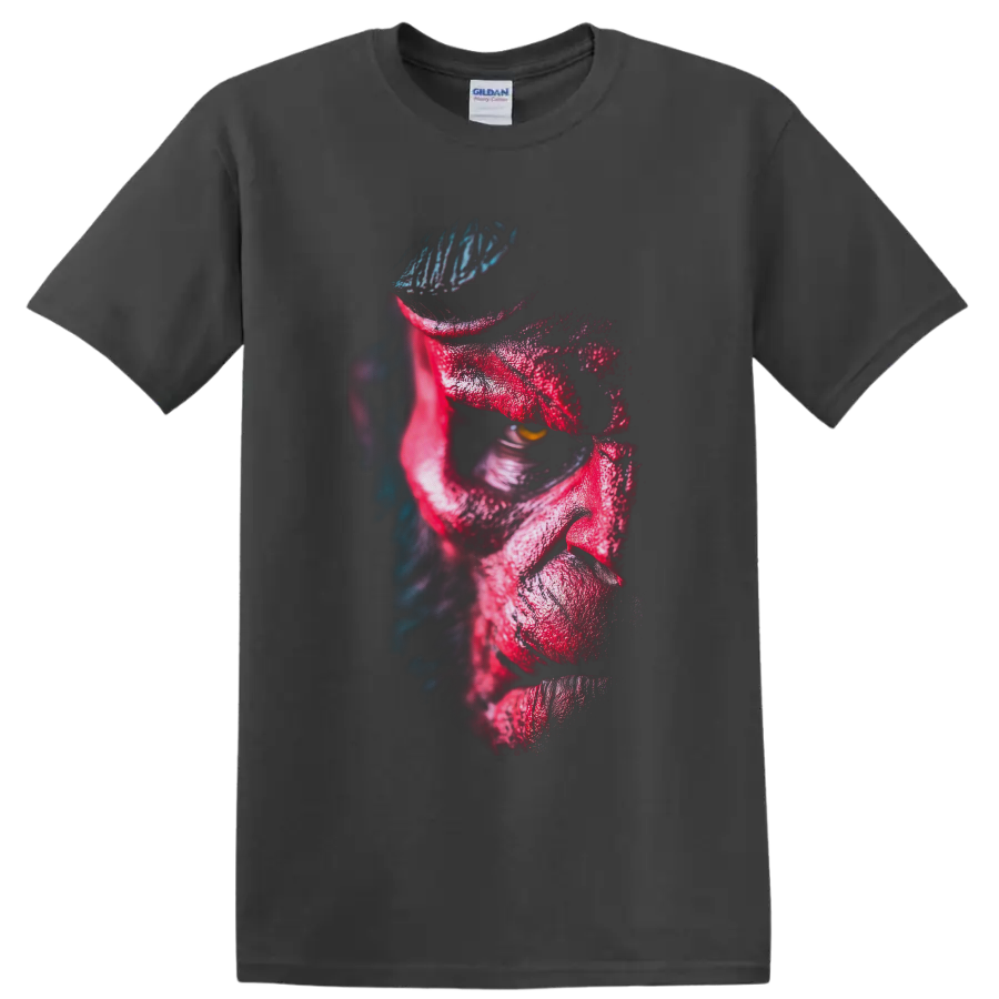 Hellboy red demon portrait with golden eye and blue-lit textured shadows on a Charcoal T Shirt