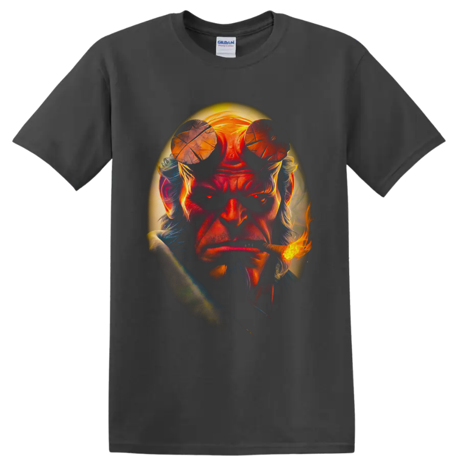 Hellboy dark fantasy portrait with cropped horns, glowing halo, and flaming pipe on a Charcoal T Shirt