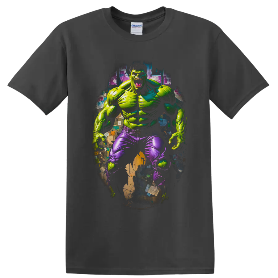 Hulk roaring superhero comic art with torn purple pants and gritty collage backdrop on a Charcoal T Shirt