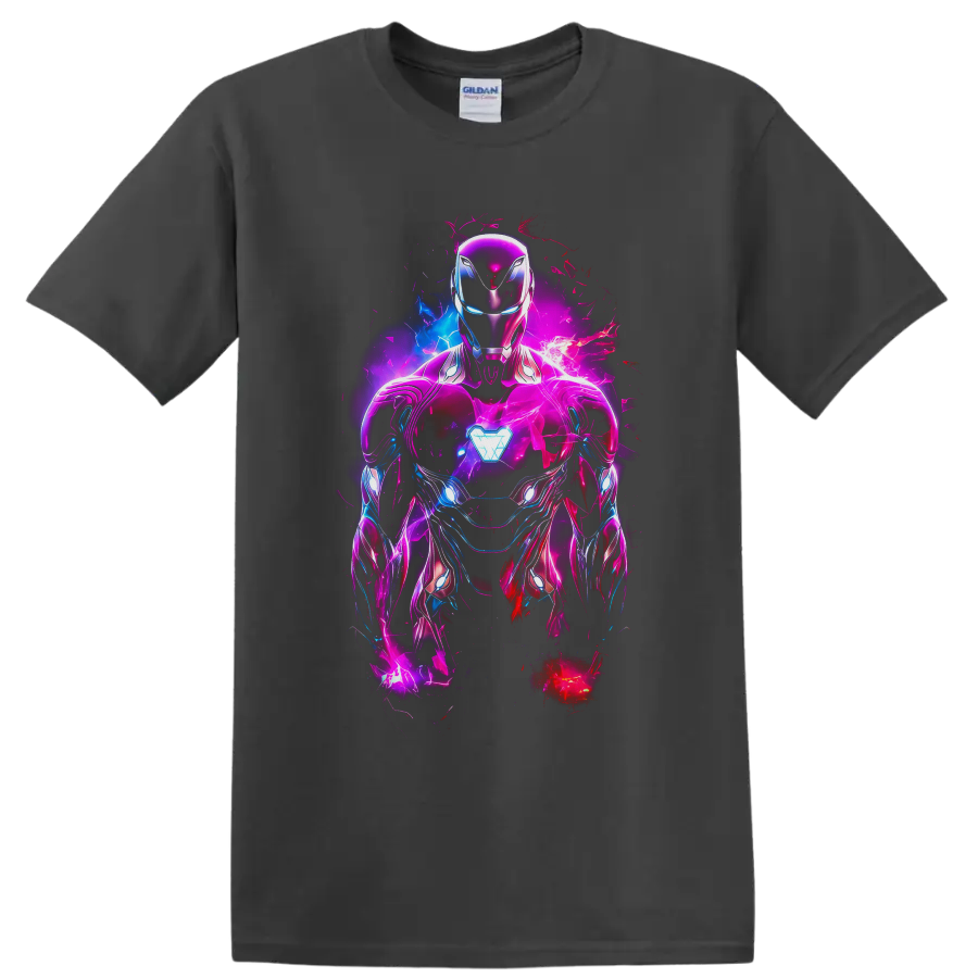 Iron Man in neon pink and blue armor with glowing arc reactor and electric comic effects on a Charcoal T Shirt