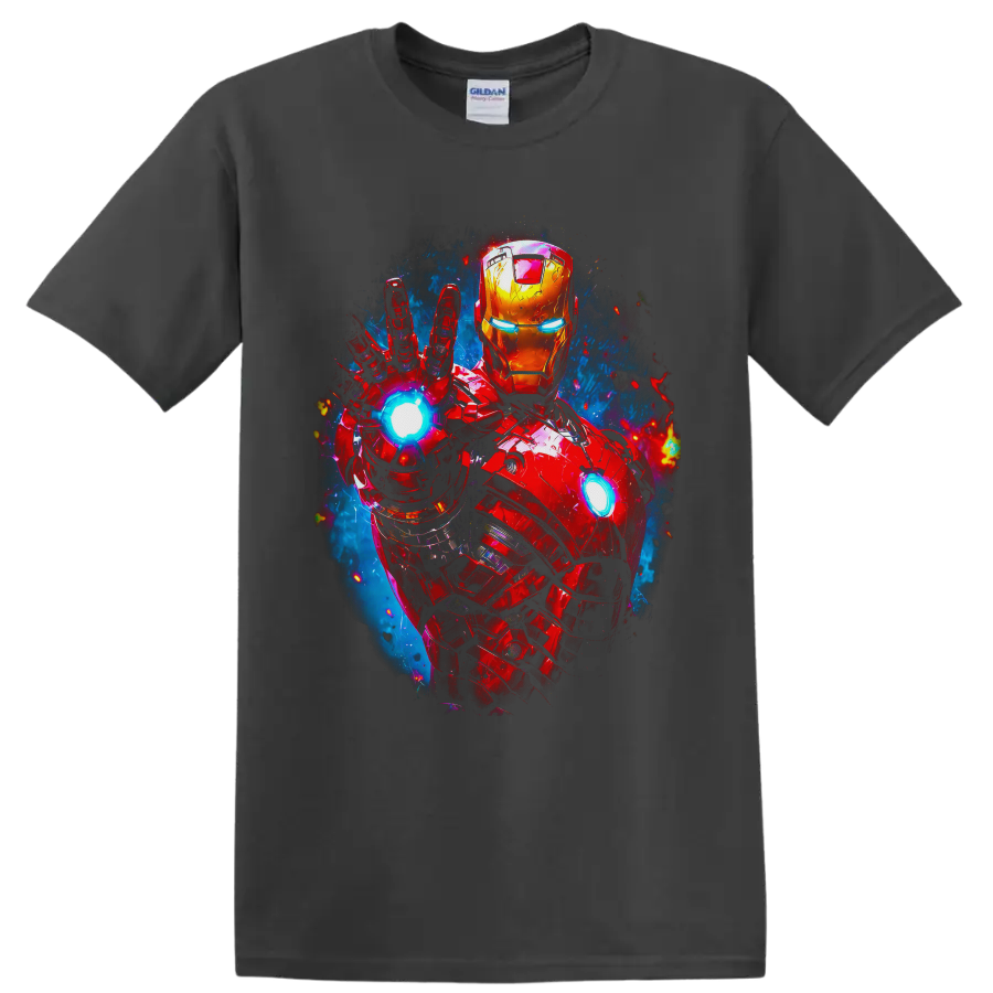 Iron Man red and gold armor with glowing arc reactor and raised repulsor comic art on a Charcoal T Shirt