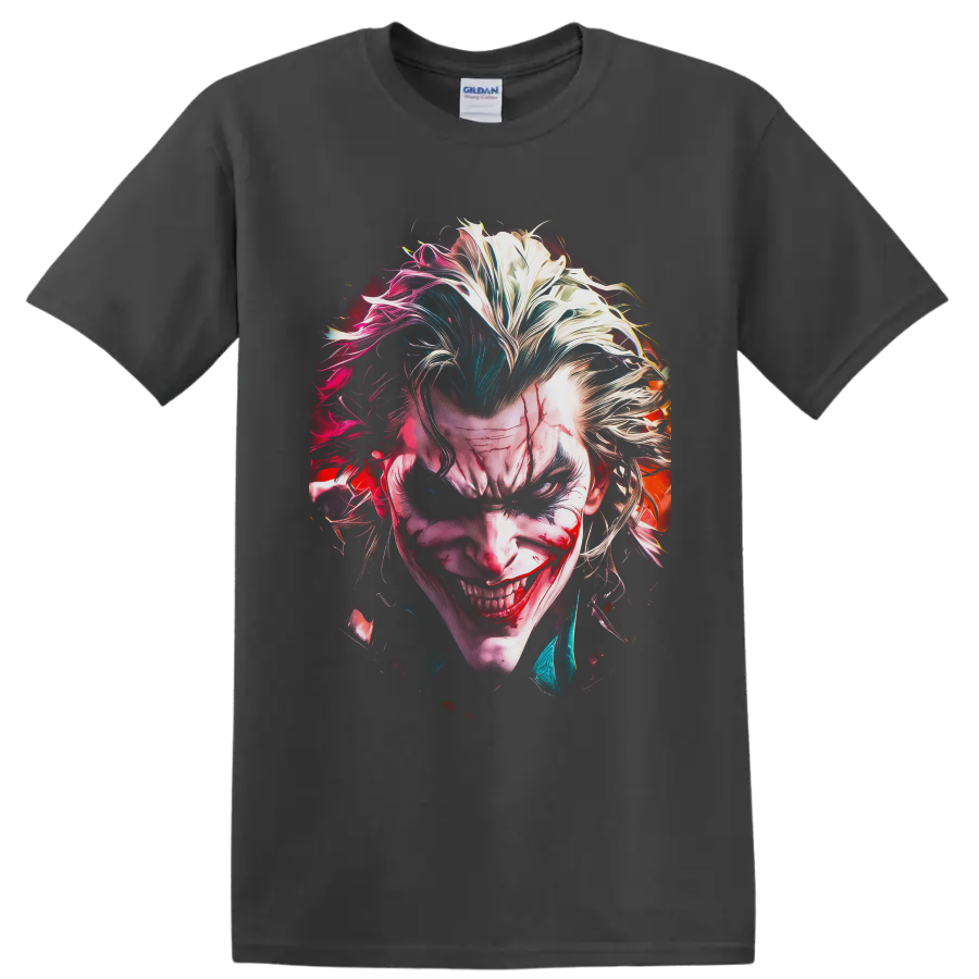 Joker sinister portrait with wild multicolor hair and a chilling comic horror grin on a Charcoal T Shirt