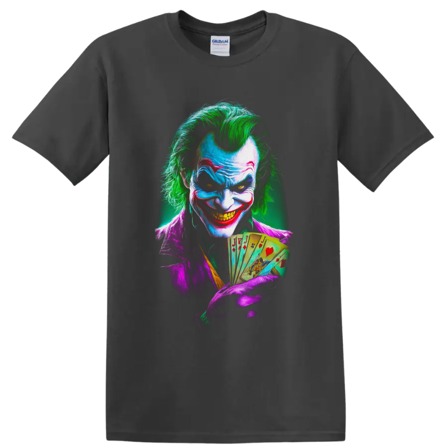 Joker comic-style portrait with green hair, purple suit, sinister grin, and playing cards on a Charcoal T Shirt