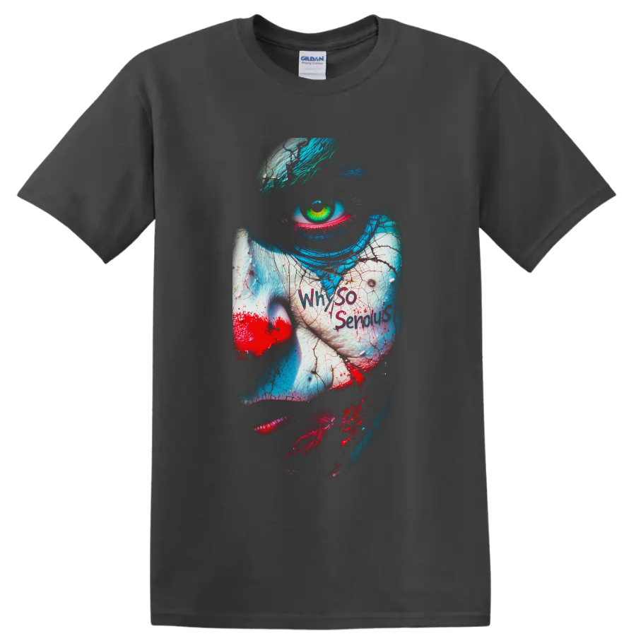 Joker horror clown close-up with green eye, teal hair, red lips, and cracked paint on a Charcoal T Shirt