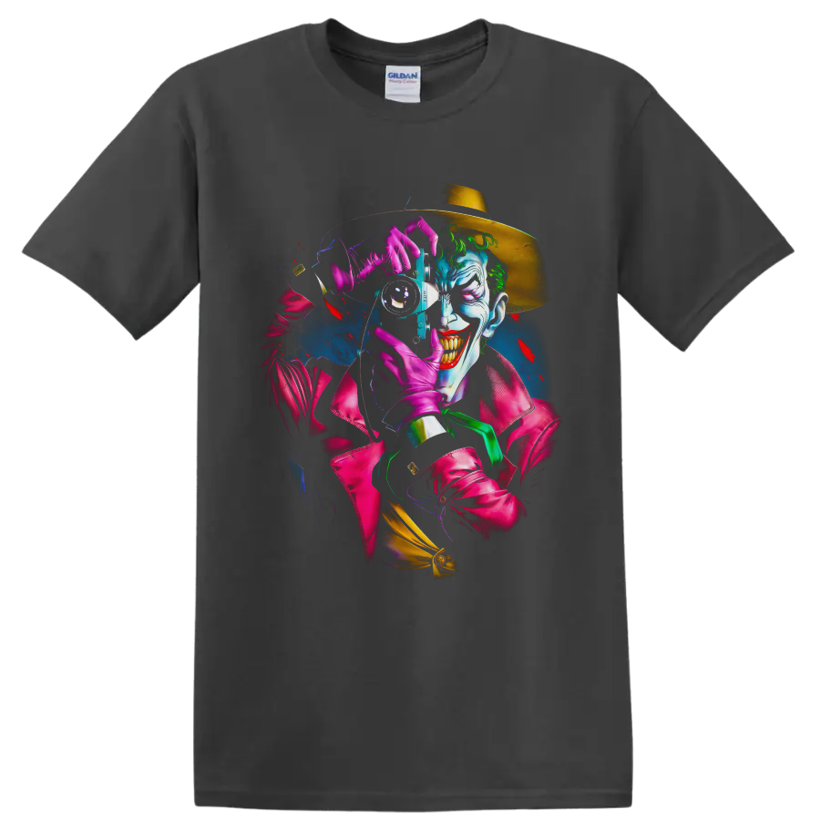 Neon Joker camera portrait with golden hat, pink gloves, and graphic novel styling on a Charcoal T Shirt