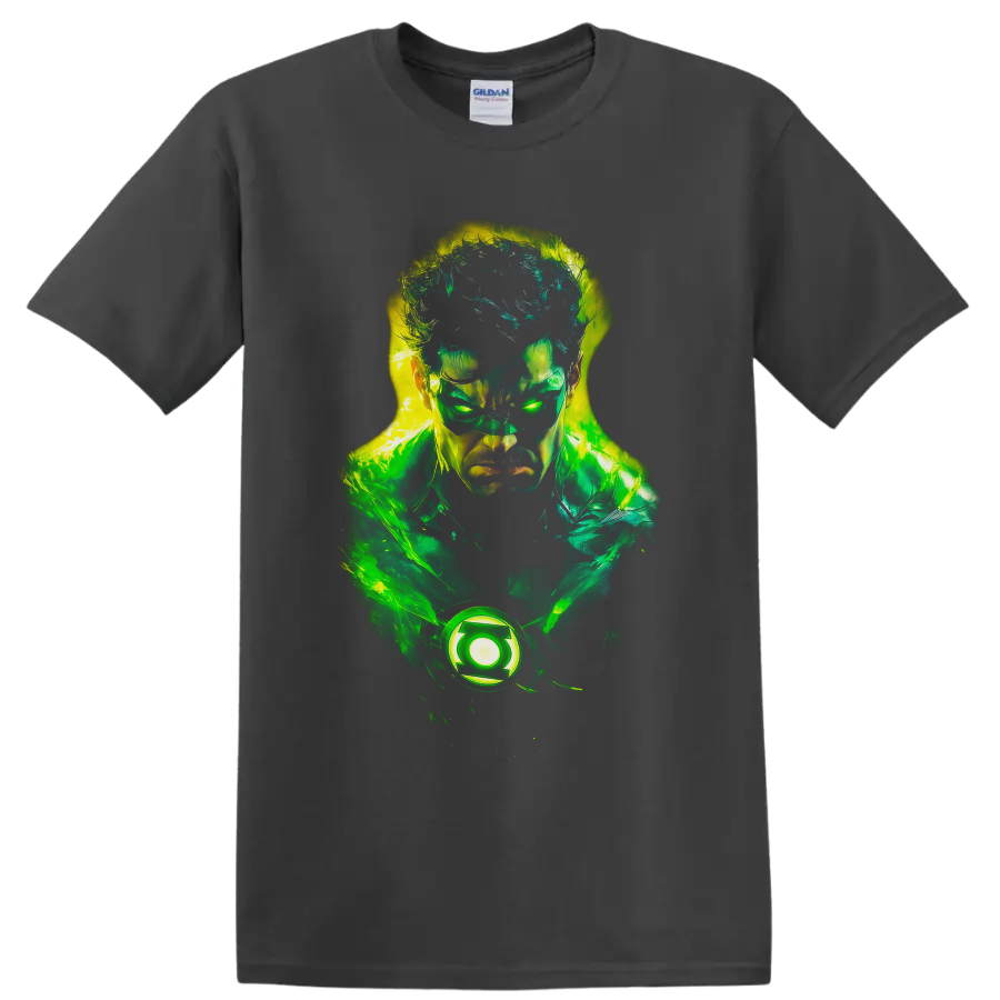 Hal Jordan Green Lantern neon portrait with glowing emblem and energy effects on a Charcoal T Shirt