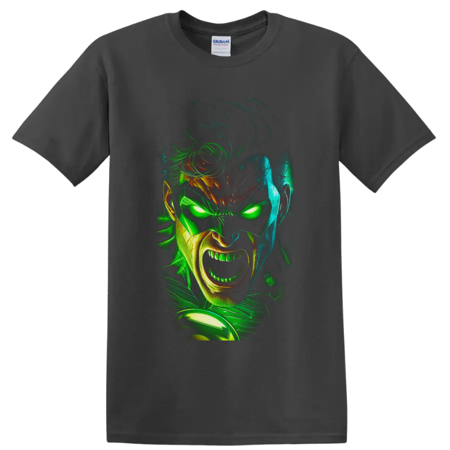 Guy Gardner as Green Lantern in neon comic portrait with glowing eyes and energy swirls on a Charcoal T Shirt