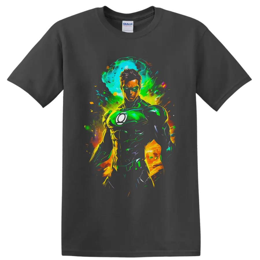 Kyle Rayner as White Lantern in neon comic art with green energy and paint splashes on a Charcoal T Shirt