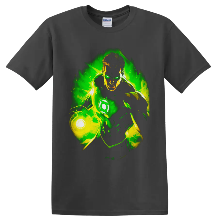 Hal Jordan Green Lantern comic art with glowing power ring and swirling green energy on a Charcoal T Shirt