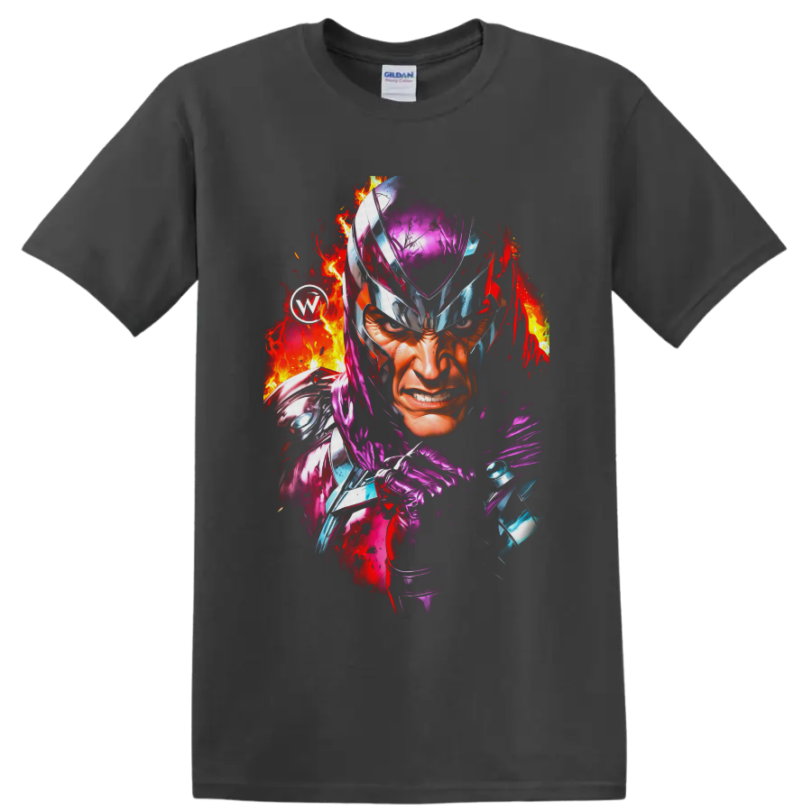 Magneto fiery helmet portrait with purple armor and comic-style flame splashes on a Charcoal T Shirt