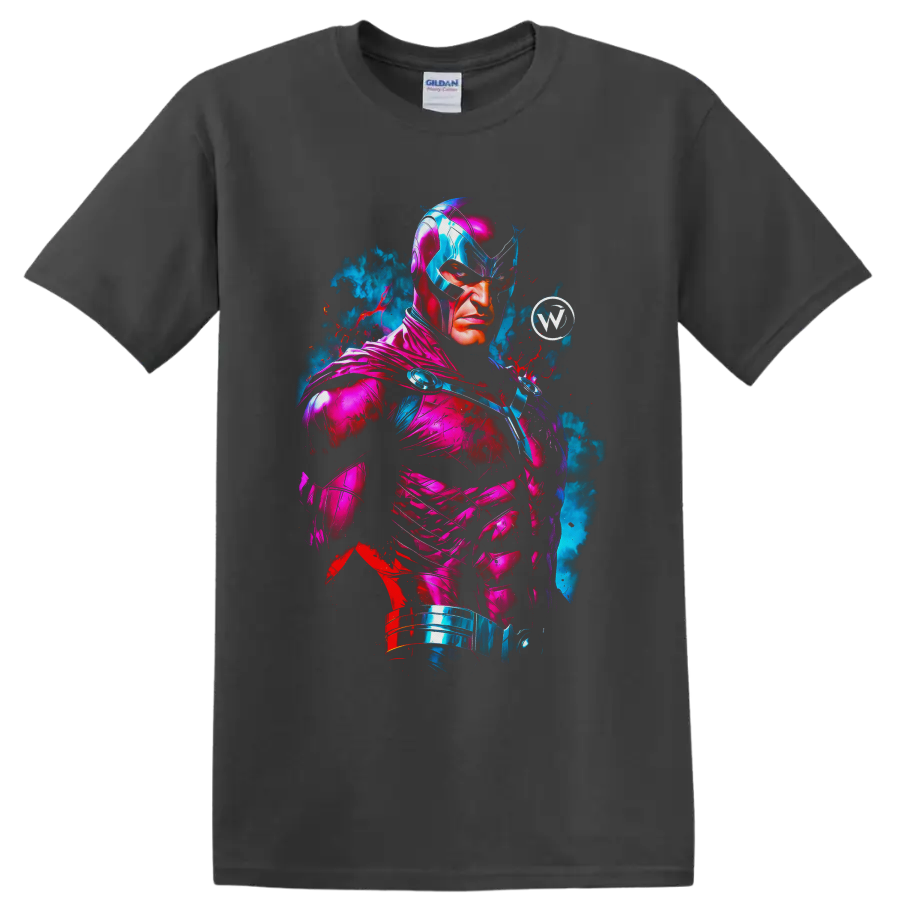 Citizen Steel neon armored superhero portrait with blue smoke and red paint splatters on a Charcoal T Shirt