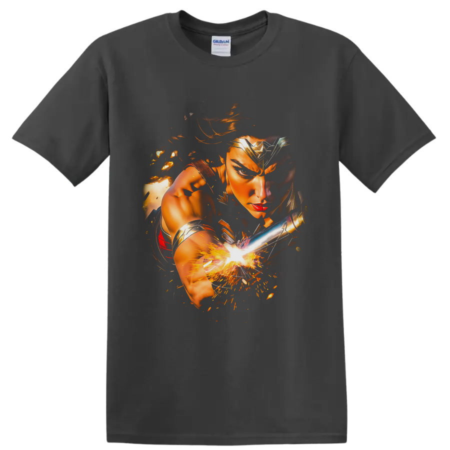 Wonder Woman warrior portrait with golden armor, silver bracer, and fiery battle sparks on a Charcoal T Shirt