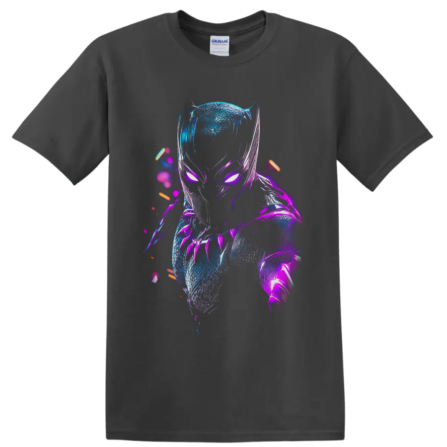Black Panther T'Challa neon cyberpunk portrait with glowing blue and purple armor on a Charcoal T Shirt