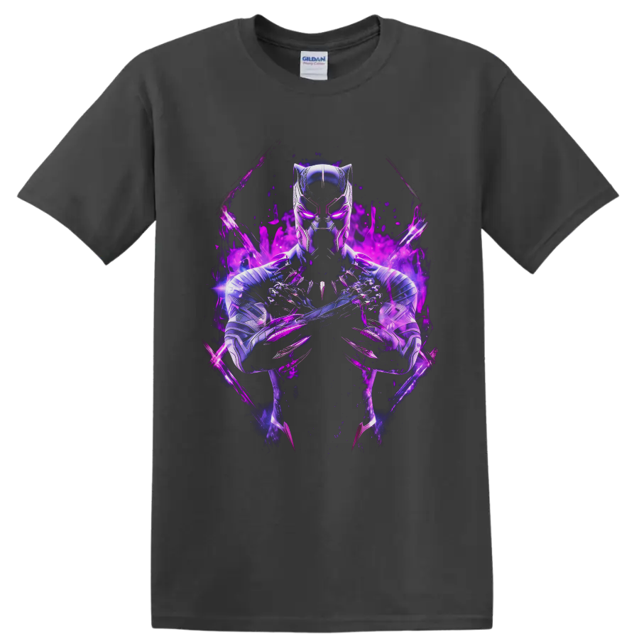 Black Panther T'Challa in metallic armor with crossed claws and glowing purple energy on a Charcoal T Shirt