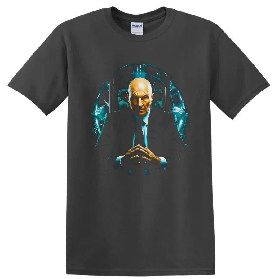 Professor X seated in a futuristic teal-lit chamber, cinematic sci-fi portrait artwork on a Charcoal T Shirt