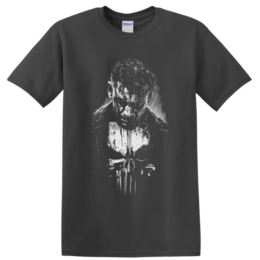 The Punisher Frank Castle distressed black-and-white vigilante portrait with skull motif on a Charcoal T Shirt