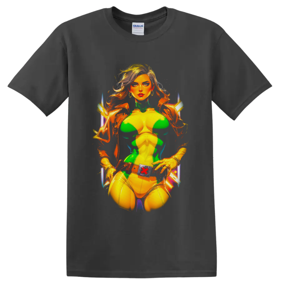 Rogue of X-Men in green and yellow costume, vivid neon comic portrait on a Charcoal T Shirt
