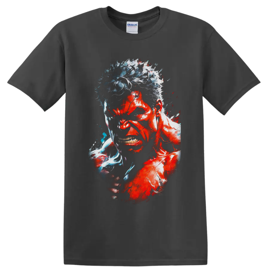 Red Hulk snarling portrait with clenched fist in explosive red and icy blue comic art on a Charcoal T Shirt