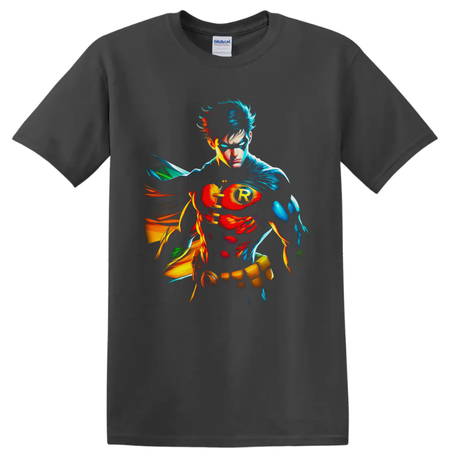 Absolute Robin Dick Grayson comic portrait with blue cape, R emblem, and colorful energy on a Charcoal T Shirt
