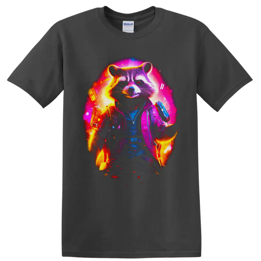 Rocket Raccoon neon sci-fi action portrait with tactical gear and futuristic blasters on a Charcoal T Shirt