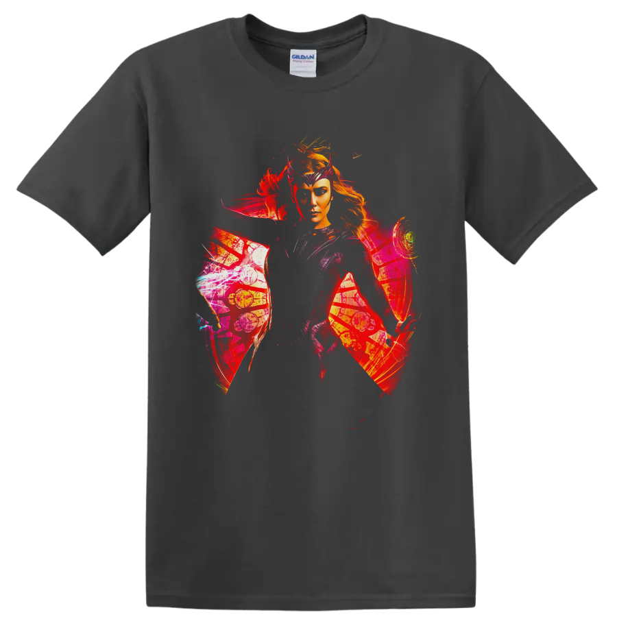Scarlet Witch portrait with crimson magic, comic panels, and mystical symbols on a Charcoal T Shirt