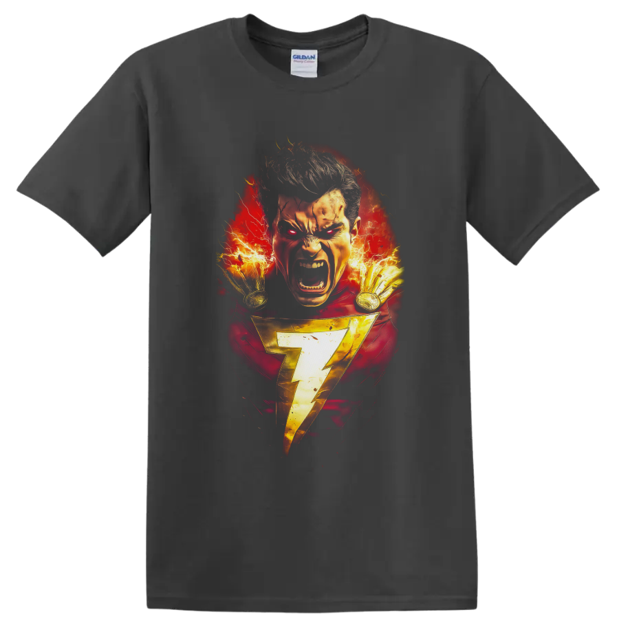 Shazam fiery comic portrait with gold lightning bolt and crackling electric energy on a Charcoal T Shirt