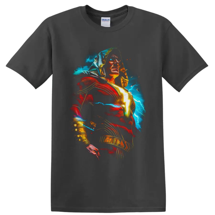 Shazam as Billy Batson with glowing lightning bolt, red cape, and electric storm art on a Charcoal T Shirt