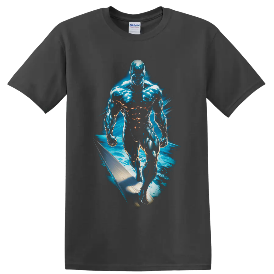 Silver Surfer Norrin Radd cosmic surfboard art with electric blue energy on a Charcoal T Shirt