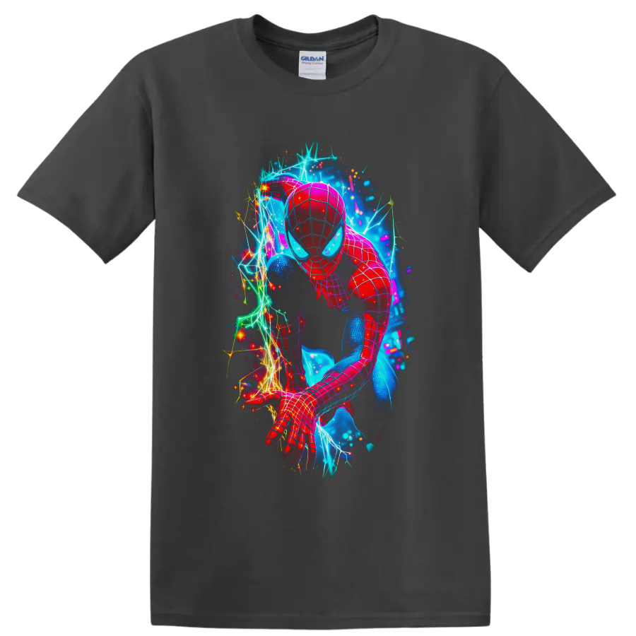 Spider-Man in neon electric web action art with sparks and glowing cosmic backdrop on a Charcoal T Shirt