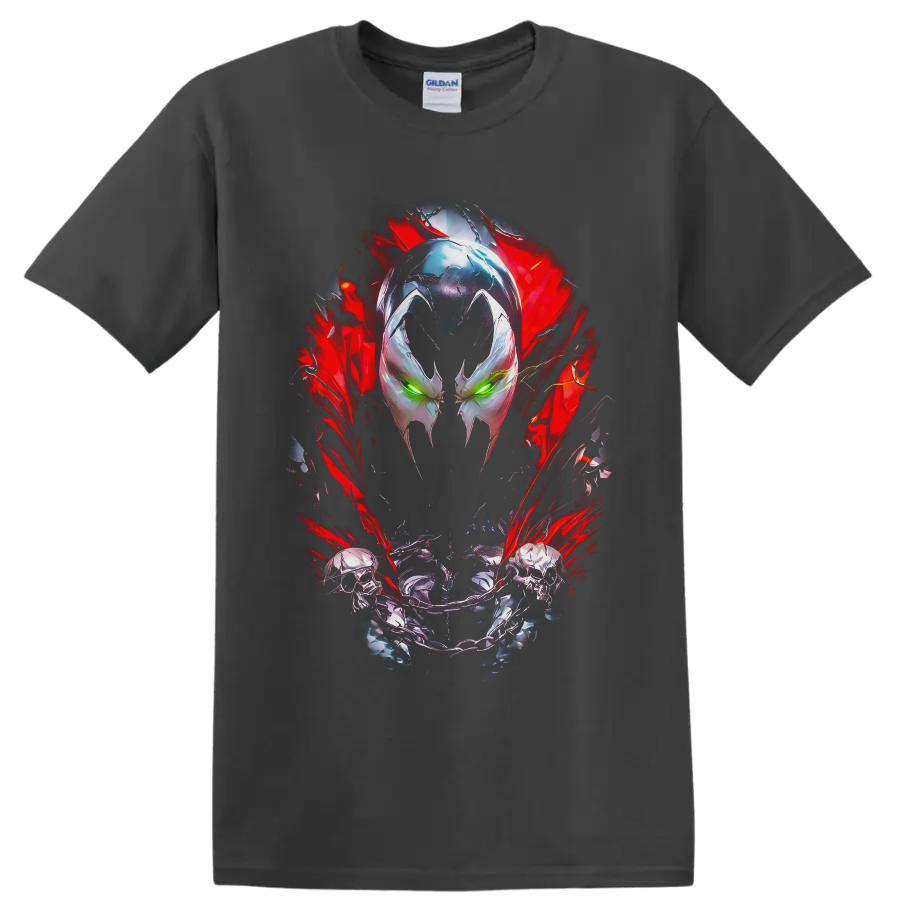 Spawn masked face with green eyes, skull chain, and red energy comic artwork on a Charcoal T Shirt