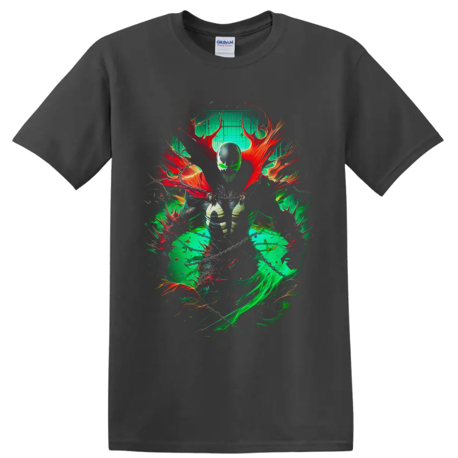 Spawn Al Simmons dark comic art with green energy, red cape forms, and chains on a Charcoal T Shirt