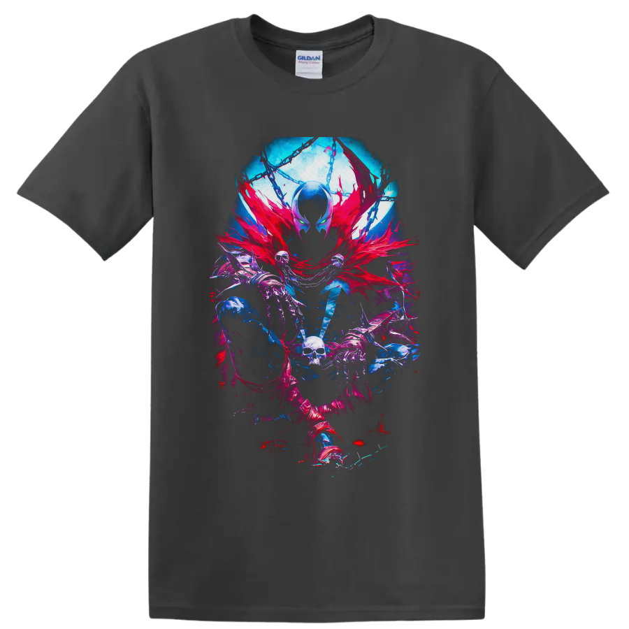 Spawn gothic comic art with red cape, chains, skeletal hands, skull, and neon effects on a Charcoal T Shirt