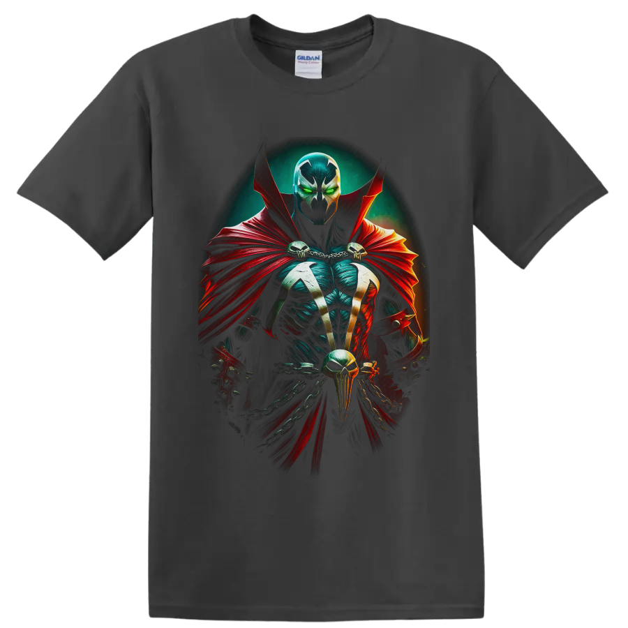 Spawn gothic antihero portrait with red cape, green eyes, skulls and chains on a Charcoal T Shirt