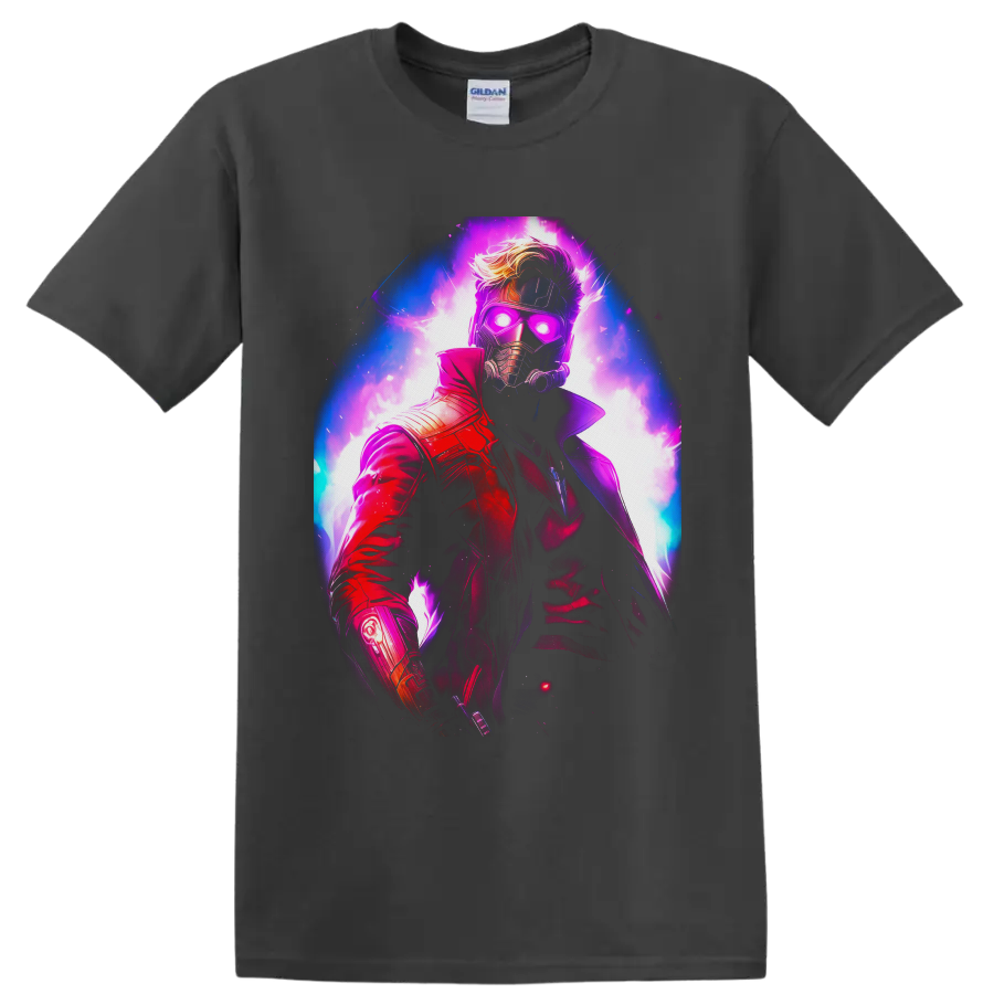 Star-Lord Peter Quill neon cosmic portrait with glowing mask and red coat on a Charcoal T Shirt