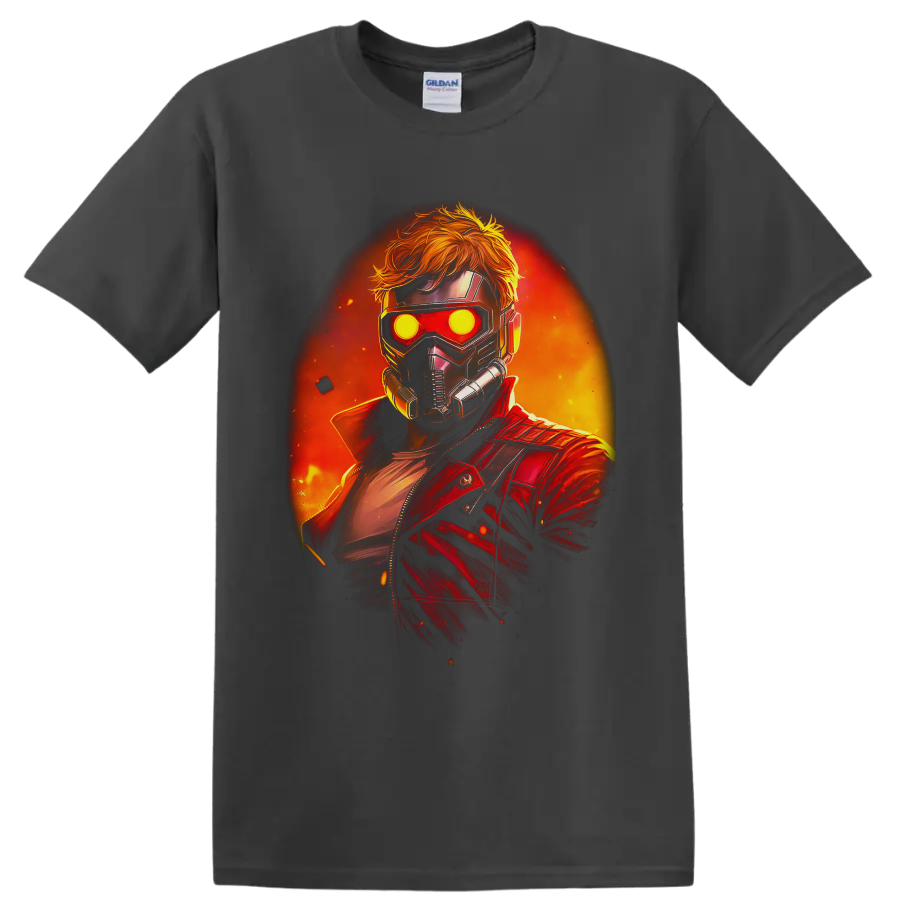 Star-Lord in a glowing mask and red jacket against a fiery cosmic backdrop on a Charcoal T Shirt