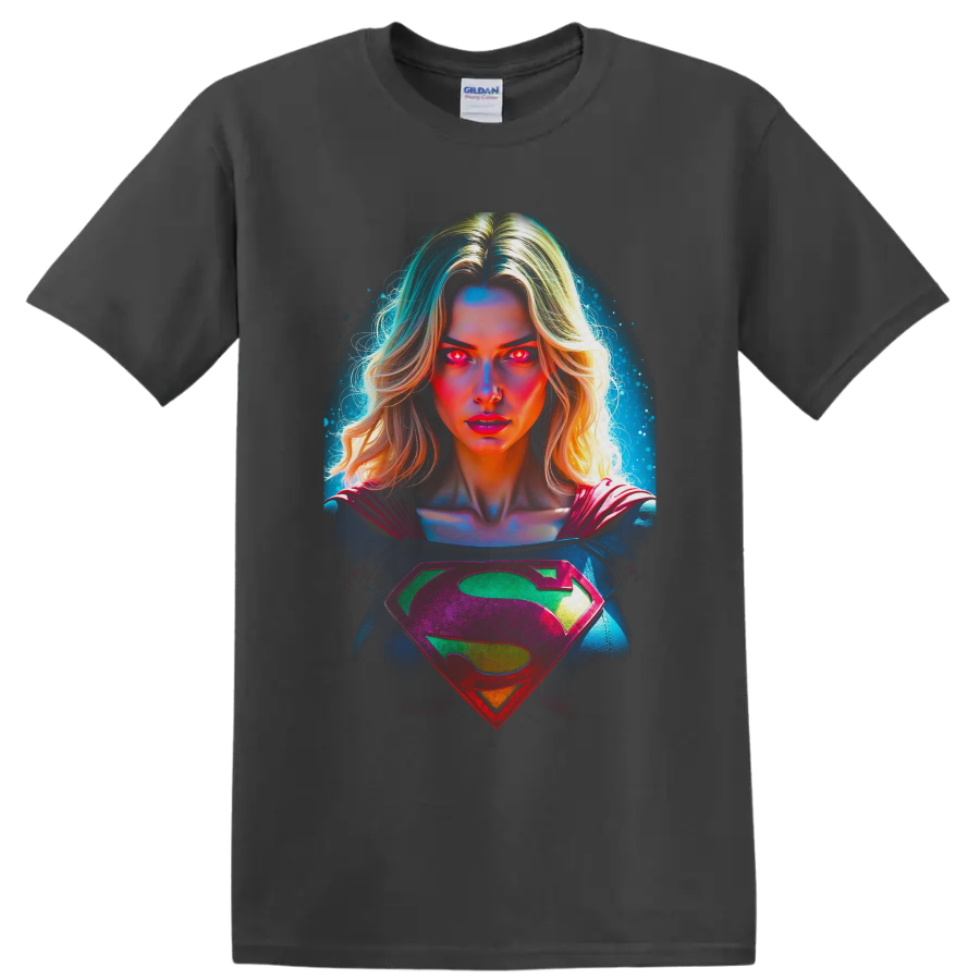 Supergirl Kara Zor-El neon cosmic portrait with glowing eyes and chest emblem on a Charcoal T Shirt
